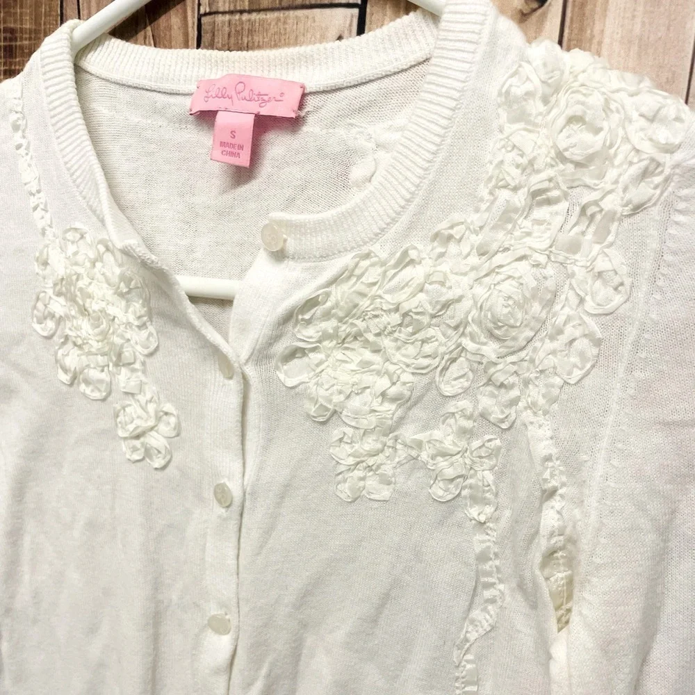 Lilly Pulitzer White Knit Cardigan with Floral Embroidery size S